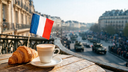 French breakfast on balcony overlooking Bastille Day parade in Paris