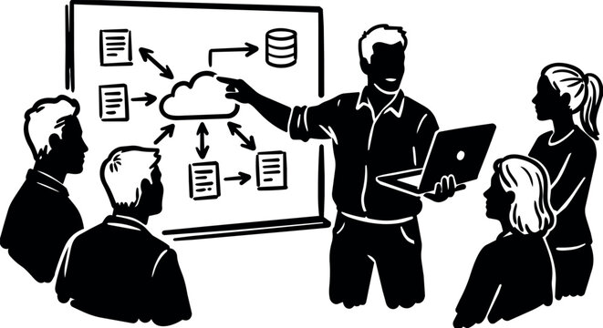 Business team meeting with man presenting cloud computing diagram on whiteboard
