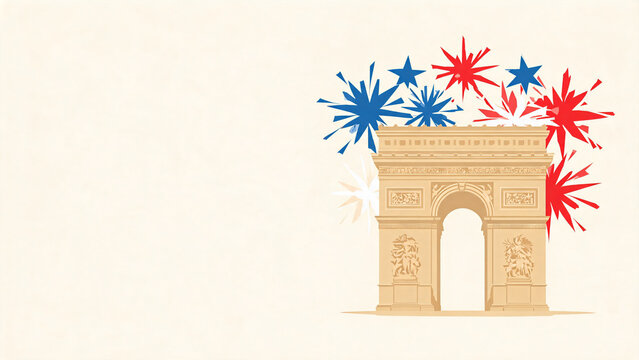 Arc de Triomphe flat illustration with fireworks and copy space