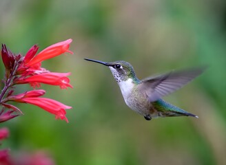 Fototapeta premium Beautiful Hummingbird Hovering For Split Second Near Bright Red Flower With Blurred Wings Darting Away