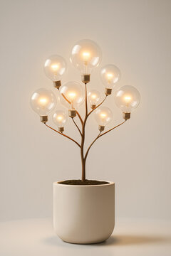 Light Bulb Tree Growing in Pot, Excellent for Sustainable Energy, Green Innovation and Eco Business Concepts