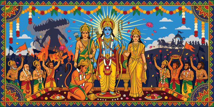 Colorful Ram Darbar Illustration Showing Lord Rama Sita Lakshmana and Hanuman Celebrating Victory with Devotees in Divine Ceremony