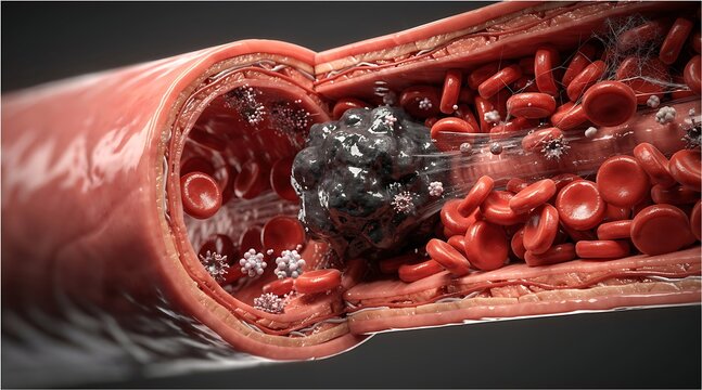 Detailed illustration of atherosclerotic plaque buildup in an artery with blood cells and debris inside the arterial lumen