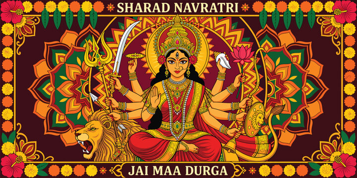 Powerful Sharad Navratri Illustration Featuring Goddess Durga with Lion and Lotus Symbolizing Strength Devotion and Divine Victory