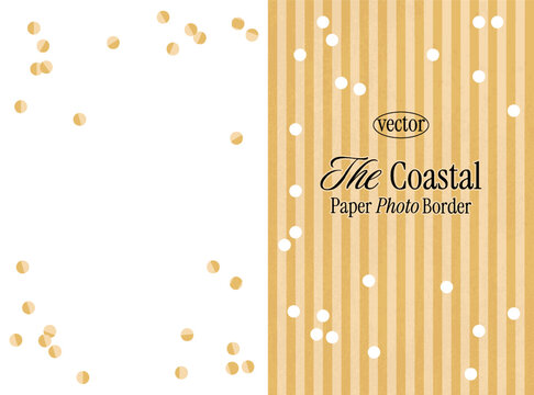 Golden polka dot confetti paper photo border template. Retro vector cutout layout with grain texture and scattered dots. Whimsy background for birthday cards, branding and scrapbook projects.