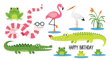 Birthday animals, cartoon crocodile, frog, flamingo stickers, happy birthday greeting © Turbo