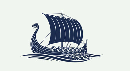 Viking ship, navy blue sailing boat, ancient Nordic vessel, vector illustration © Turbo