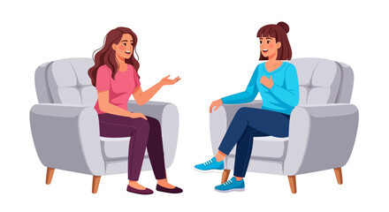 Obraz premium Two women chatting, conversation illustration, talking female friends, discussion vector, people sitting in armchairs