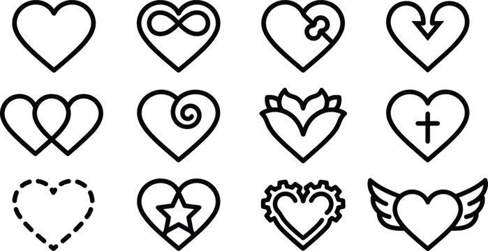 Heart icon set featuring love symbols with infinity puzzle arrow interlocking cross wings spiral star and gear elements vector