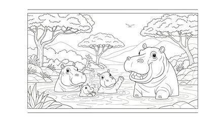 Fototapeta premium Cute cartoon hippos family bathing in river, outline drawing for coloring book, African savanna landscape background