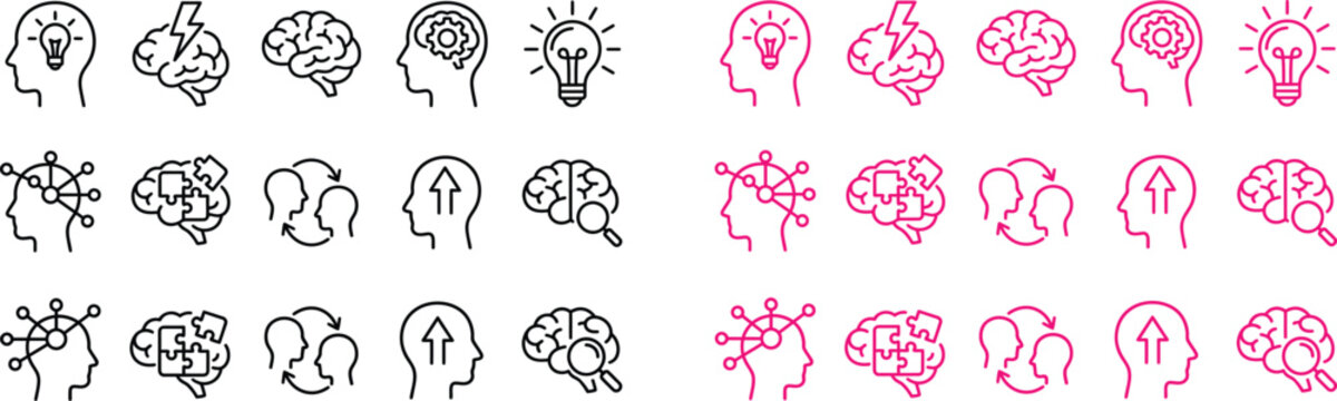 Brainstorming and mental health icon set line art and solid color variations