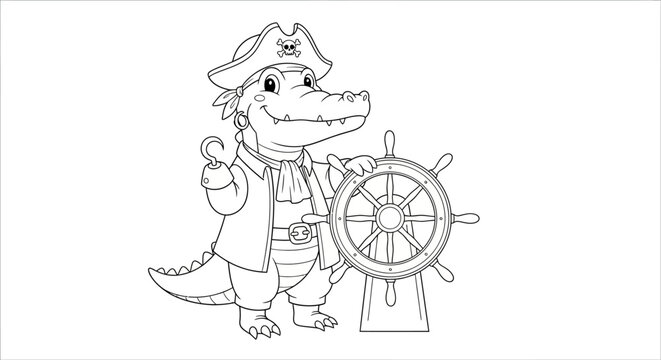 Cute cartoon alligator pirate with hook hand and hat holding a ship's wheel, outline illustration for coloring book