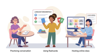 Online language learning and teaching, digital education, virtual classroom, conversation practice © anidaahza