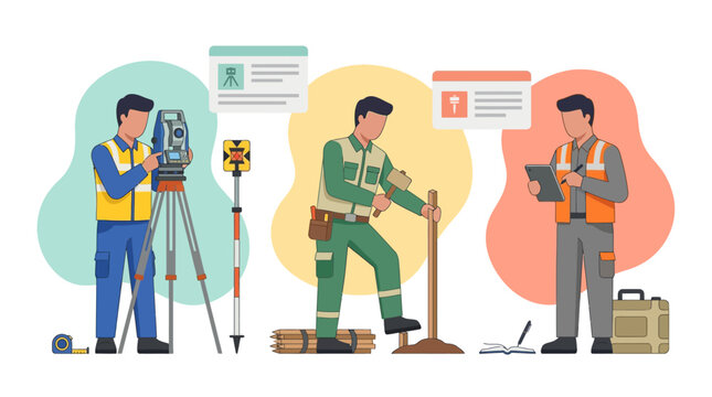 Surveyors working with equipment on construction site, planning and measuring land.
