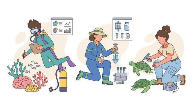 Marine biology research: diver, scientist, turtle tagging, coral reef, laboratory, data analysis