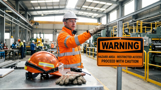 Industrial worker pointing at warning sign in factory. Man in high visibility jacket highlighting hazard area and restricted access in manufacturing plant