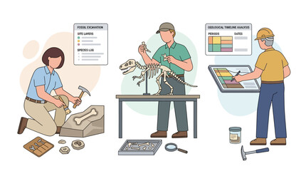 Paleontologists excavating dinosaur fossils and analyzing data in a lab setting. © anidaahza