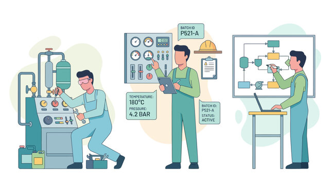 Industrial Process Control: Engineers working on machinery, control panels, and flowcharts