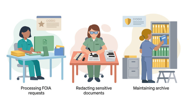 Office workers handling documents, data processing, archiving, and redaction illustration.