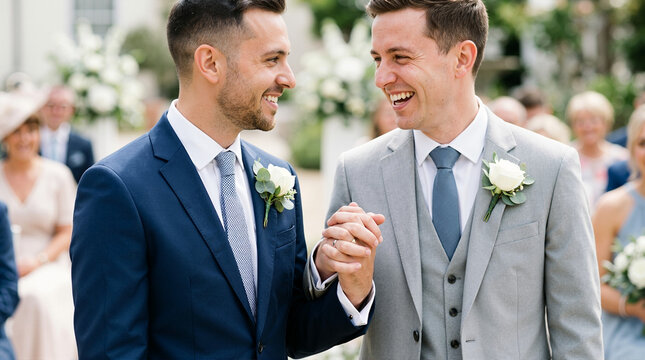 Joyful gay couple holding hands and laughing at their outdoor wedding ceremony. Two grooms in suits celebrating marriage