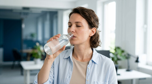 Sweaty businesswoman drinking water from a glass bottle in a hot office. Female employee staying hydrated during a summer heatwave at work
