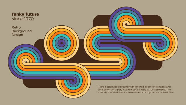 Retro background with layered groovy striped spiral shapes inspired by a classic 1970s aesthetic. Vector illustration.