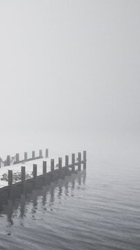 A dock sits on a still body of water, surrounded by thick fog. The wooden posts reflect softly on the surface. It is early morning, and the scene shows a quiet atmosphere.