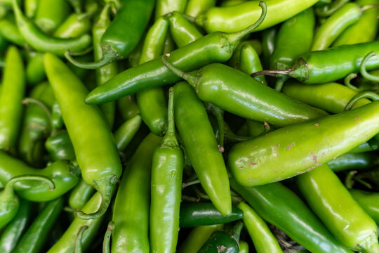 Close Up of Fresh Green Serrano Peppers With Natural Texture