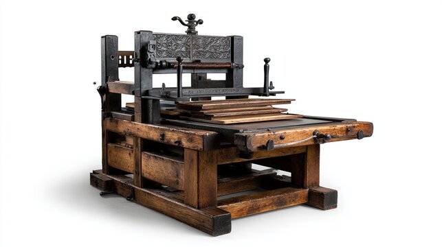 Vintage Printing Press on a White Background.