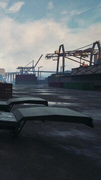 Cranes and shipping containers are present at the port. The ground is wet and reflects the cloudy sky. Equipment sits still as the scene depicts an active working area by the water.