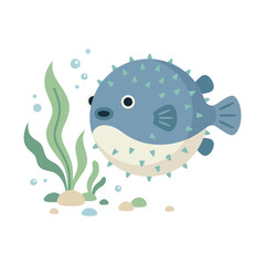 Cute pufferfish vector illustration, blue blowfish with spikes and seaweed, cartoon sea life character on white background © SADMANHAQUE