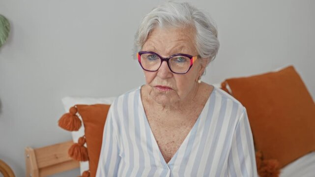 Senior woman wearing colorful glasses and striped blouse with pearl earrings sits on bed looking forward in bedroom; quiet contemplation.