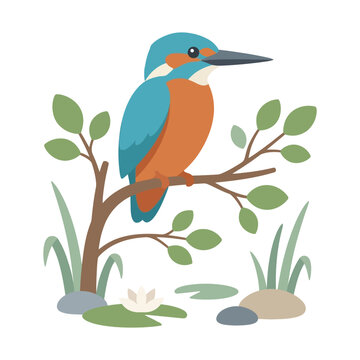 Kingfisher bird vector illustration, colorful common kingfisher perched on branch, wildlife nature scene with pond lily