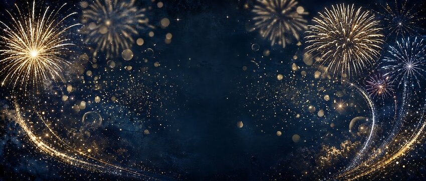 Stunning golden fireworks exploding against a deep dark blue textured night sky