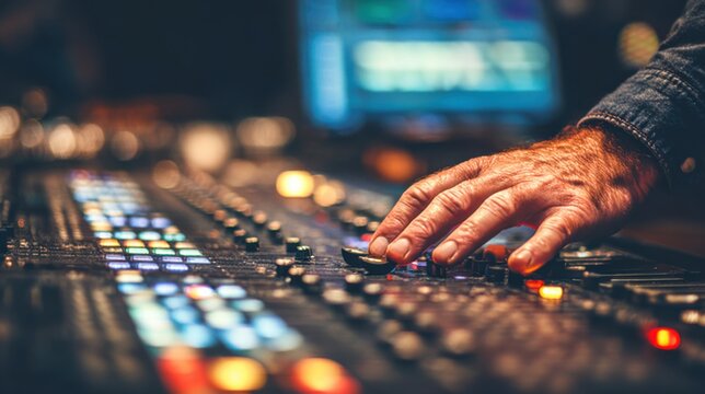 Closeup of hands adjusting MIDI controller knobs while computer screen shows editing software capturing focused music production training.