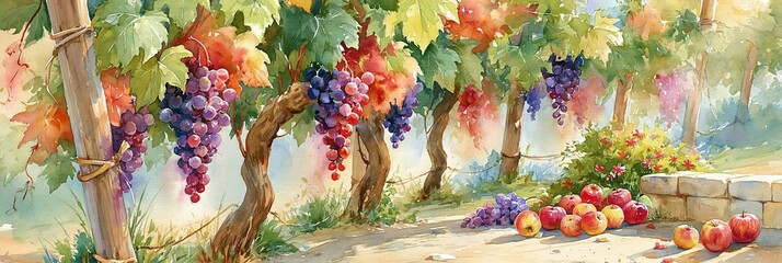 Fototapeta premium Ripe grapes hanging in a watercolor vineyard. Ripe grapes hanging from lush green vines in a vibrant watercolor illustration