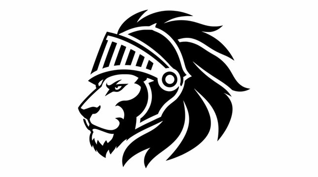 Lion head mascot logo wearing knight helmet armor.