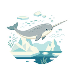 Cute narwhal vector illustration, arctic whale swimming near icebergs, flat cartoon sea animal in ocean environment © SADMANHAQUE