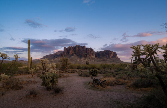 The Lost Dutchman State Park in Apache Junction Arizona.Landscape view after sunset.