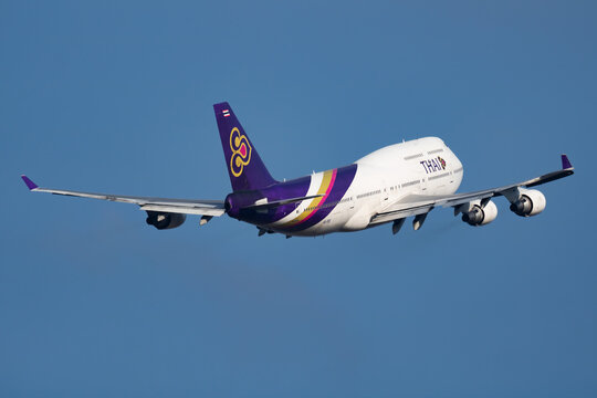 Thai Airways Boeing 747-400 (HS-TGF) taking off from Munich Airport on February 5, 2018 in Munich, Germany