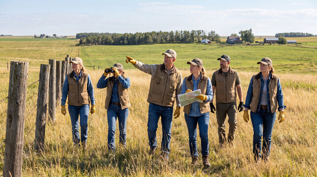 Rural Search Team Crossing Tall Grass Along Open Farmland Fence Line