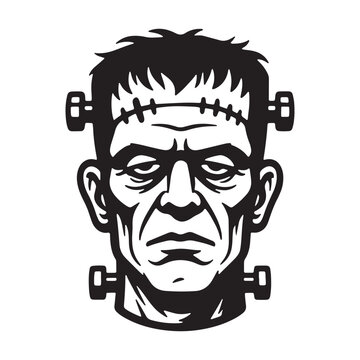 Vintage vector illustration of a monster head with bolts in the neck and stitches on forehead, frankenstein