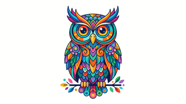 Vibrant and intricately detailed colorful owl perched on a branch, illustrated with ornate patterns and a rich palette of bright, artistic hues in a decorative style