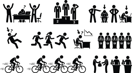 Fototapeta premium Business Stick Figure Flat Vector Icon Collection Featuring Success, Leadership, Office Workers, Cycling, Teamwork and Workplace Concept Symbols