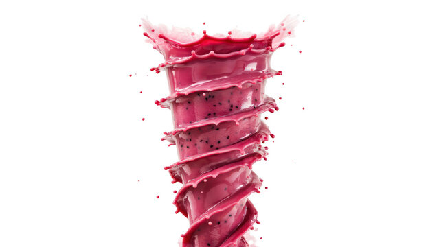 A thick pink dragon fruit smoothie spinning in a speed liquid vortex with visible black seeds and smooth texture isolated on a black background