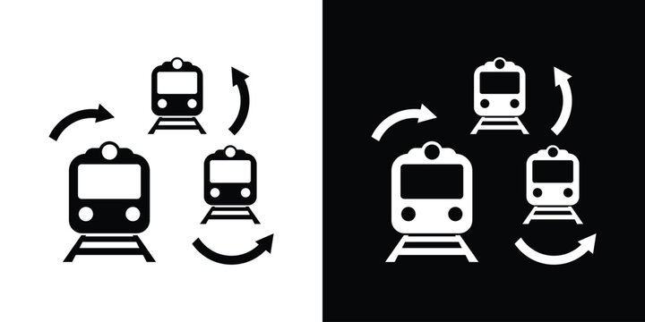 Train circulation and railway transit network vector icon. Minimalist subway schedule and locomotive routing cycle sign in black and white. Great for public transportation and logistics designs.