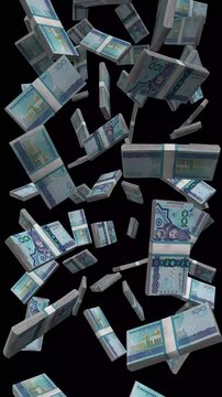 Vertical Turkmenistan Money, Falling Turkmen Manat Bills Black Background, Premium Central Asia Gas Finance Cash Stacks, 4K