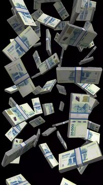 Vertical Argentina Money, Falling Argentine Peso Bills Black Background, Premium Latin America Inflation Cash Stacks, 4K