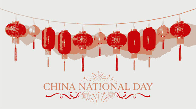 National Day Festive hanging lantern decoration string with firework symbols for china national day celebration graphic banner