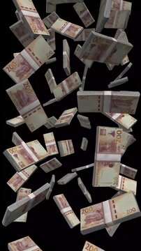 Vertical Lesotho Money, Falling Lesotho Maloti Bills Black Background, Premium African Kingdom Finance Cash Stacks, 4K